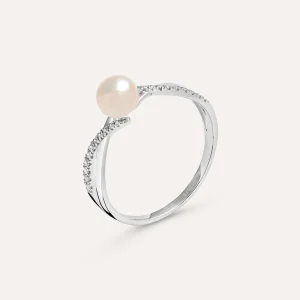 Anello Solitario Gabrielle Oro Bianco Perla D'Acqua Dolce Cubic Zirconia